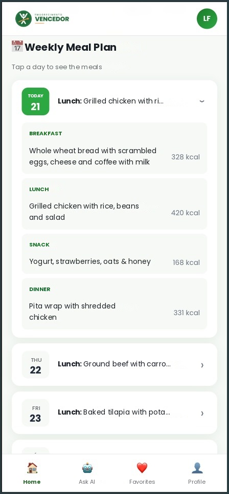 Weekly menu in the Weight Loss Winner App